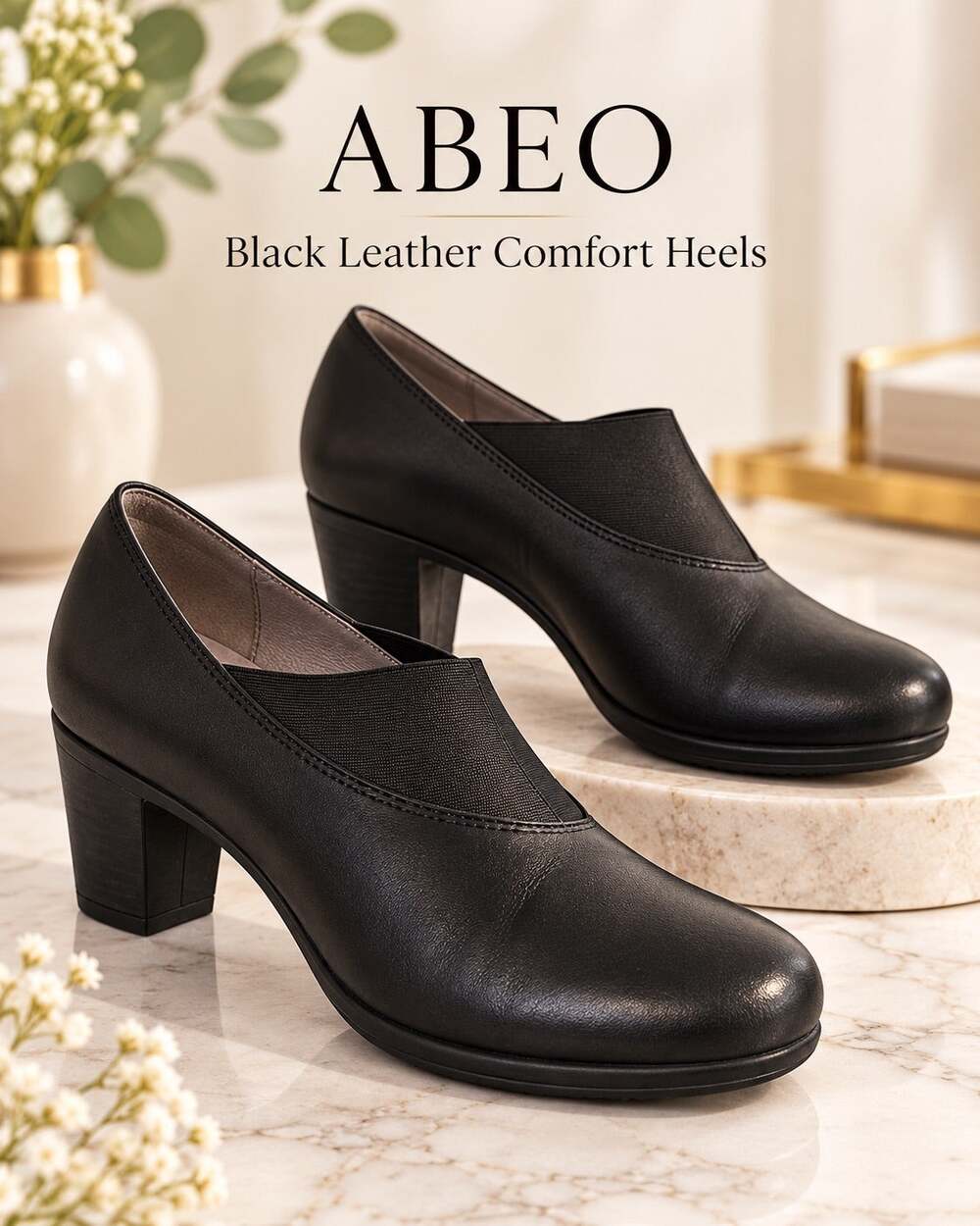 ABEO Portola Black Leather Block Heel Pumps Women’s 8M Comfort Slip On